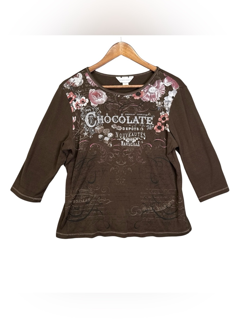Vintage Y2K Top Chocolate Brown 3/4 Sleeve Size Large Embellished 100% Cotton